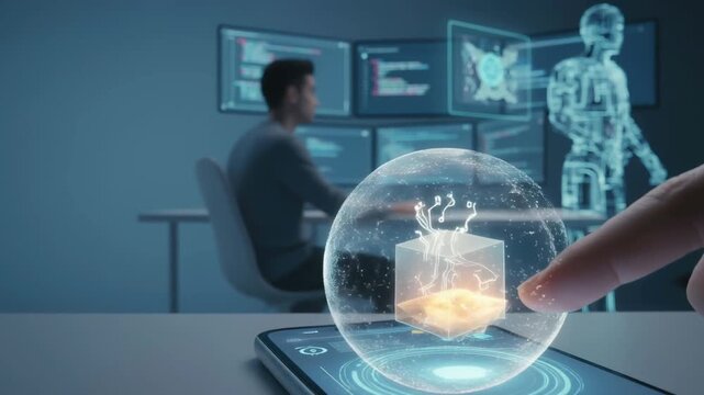 Ai developer programming coding technology interface hologram workspace innovation concept smartphone hologram robot assistant supports focused man