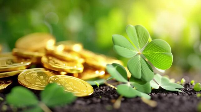 St. Patrick's Day. Green background of green clover leaves and falling gold coins.