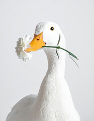 White duck holding a white carnation, side profile
白いカーネーションをくわえたアヒルの横顔