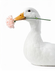 White duck holding a pink carnation, side view
ピンクのカーネーションをくわえた白いアヒルの横向き
