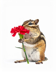 Chipmunk holding a red carnation, side view
赤いカーネーションを持つシマリスの横向き