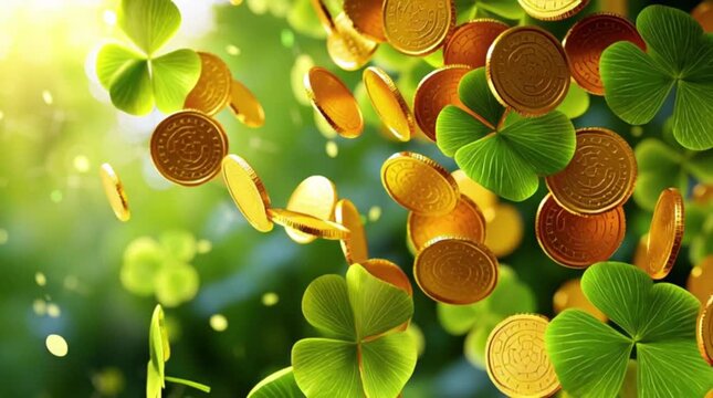 St. Patrick's Day. Green background of green clover leaves and falling gold coins.