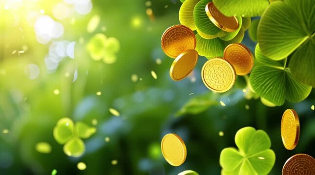 St. Patrick's Day. Green background of green clover leaves and falling gold coins.