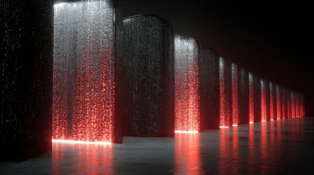 Conceptual 3D Render Shows Digital Shield Wall Protecting a Server From Hacker Code Attacks in a Secure Network Environment
