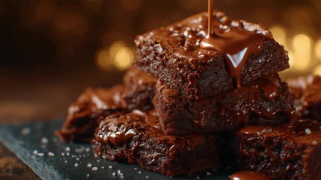 164Cinematic view of chocolate brownies stacked neatly, glossy tops reflecting soft light, dense chocolate layers clearly visible, elegant and mouthwatering dessert presentation