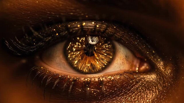 Closeup of a golden iris with dramatic eye makeup and lashes in a portrait shot.
