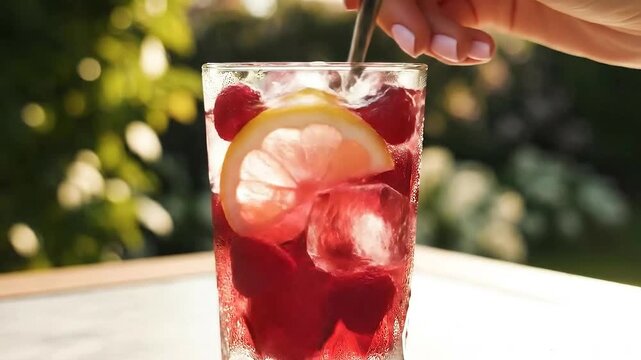 Refreshing raspberry lemonade cocktail with ice and lemon slice, cold summer berry drink in glass, hand stirring fruit beverage outdoors