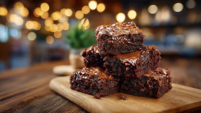 167Artisan chocolate brownies stacked in a warm kitchen setting, shiny cracked tops, rich dark tones, soft background blur enhancing texture and indulgence