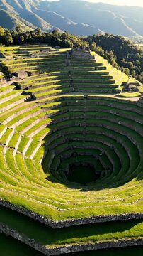 Aerial view of ancient agricultural terraces in vertical formation. Lush greenery showcases historical farming techniques. Stunning landscape highlights cultural heritage and natural beauty.