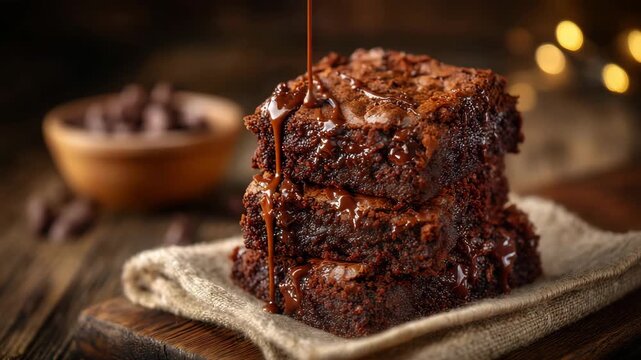163Chocolate brownies stacked with dramatic soft lighting, rich dark tones, moist texture glistening, inviting indulgence and comfort food nostalgia