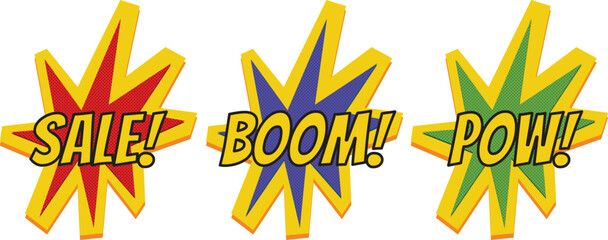 Retro comic speech bubbles set with halftone texture. Red Sale, blue Boom, green Pow 3D explosion shapes. Pop art vector illustration stickers. © Dezan