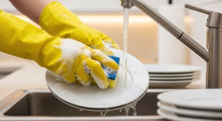 Woman washing dish with yellow rubber gloves and sponge in kitchen sink. Household chore and cleaning concept for home lifestyle.