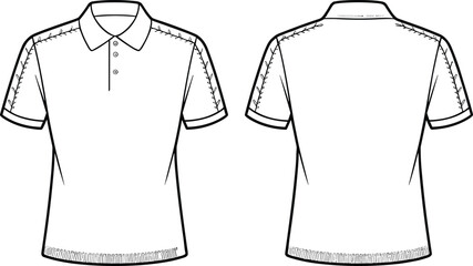 Front and back view polo shirt technical drawing, apparel fashion flat sketch, short sleeve collared t-shirt design template for clothing manufacturing illustration