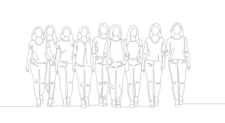 Group of diverse women standing together in a line illustration.