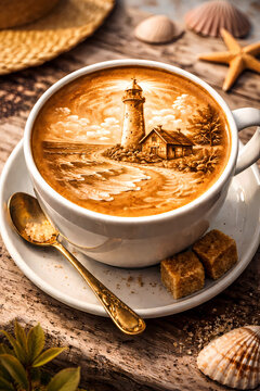 coffee with lighthouse art