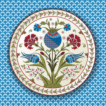 Round floral illustration with decorative border and seamless background. Iznik, Suzani style. Decorative plate. Central Asian, Turkish, Arabic art legacy. 
