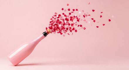 Pink champagne bottle with heart confetti explosion. Festive celebration concept for Valentine Day and special romantic event.