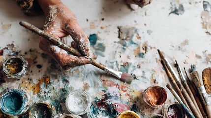 A person is creating a colorful painting on a table, using a brush to apply the paint. The table is covered in various shades of paint, and the brush is covered in a mix of colors