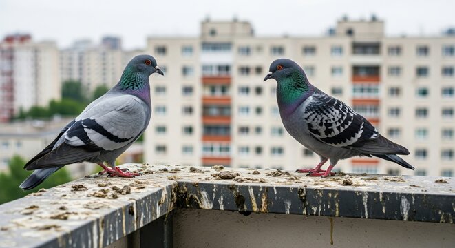 Two pigeons standing on a dirty balcony ledge of an apartment building, symbolizing urban pest problems, bird droppings, hygiene issues and residential maintenance