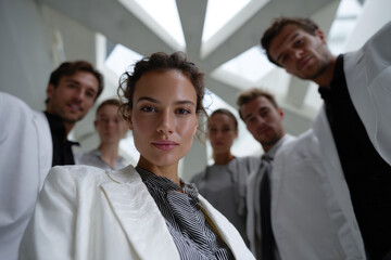Obraz premium A dynamic group of six individuals showcasing fashionable white and black outfits, capturing a blend of professionalism and creativity in a beautifully designed space.
