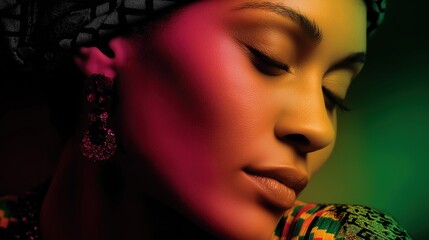 Abstract portrait of a Black woman in vibrant Pan-African colors, symbolizing Black History Month, Juneteenth, emancipation. Cultural identity, heritage and freedom concept