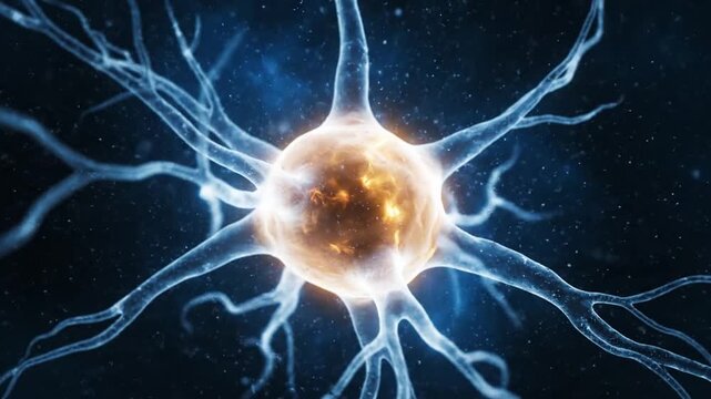 Close-up visualization of a glowing neural neuron with dendrites and axon in blue, illustrating microscopic brain cell activity.