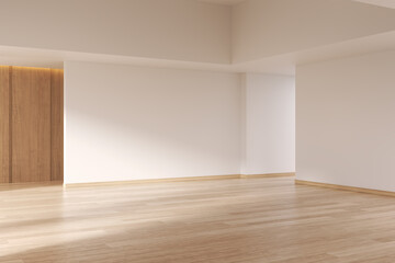 Obraz premium Spacious minimal living room interior. empty room, wooden floor, White wall mockup, 3D rendering