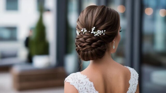 212Close-up of a bridal updo featuring detailed braiding, tiny floral accents tucked into the hair, subtle highlights and soft waves, sophisticated and timeless wedding style