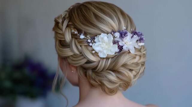 219Intricate braided updo for brides, pastel floral accents threaded carefully, soft waves and curls creating depth, elegant styling for formal wedding or special occasion
