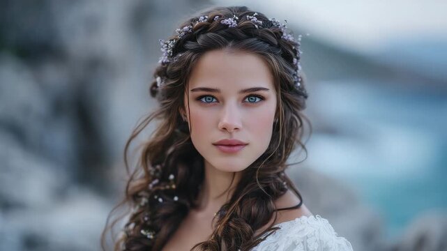 220Sophisticated bridal hairstyle featuring multiple braids, small blooms threaded delicately throughout, loose waves cascading down, soft romantic lighting emphasizing elegance