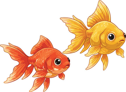 Pair of beautiful orange and yellow goldfish vector illustration with detailed fins and scales isolated on white background for aquarium and nature themes.