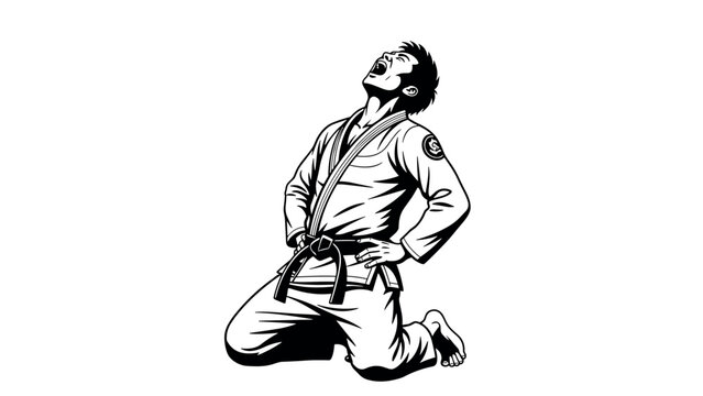 Jiu jitsu fighter celebrating victory in dynamic black and white design