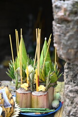 Floral offering at a temple in the Angkor area - beautiful display closeup