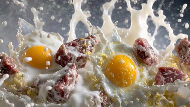 226Artistic culinary arrangement, eggs cracked, milk splashing, meat pieces suspended above white surface, soft light reflecting on textures, expressive and modern food photography st