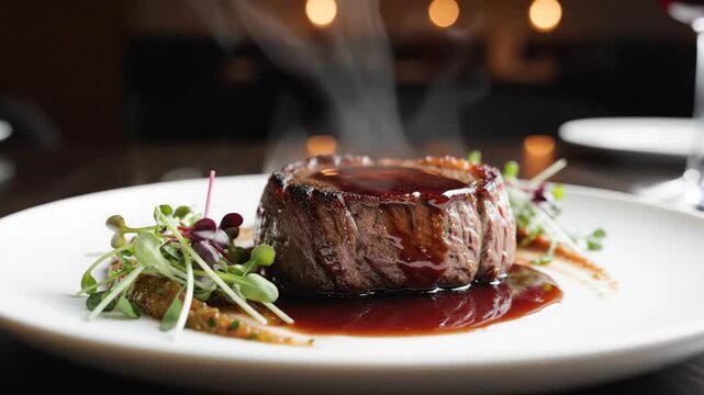 Juicy grilled filet mignon steak with rich brown sauce and fresh microgreens garnish on white plate, gourmet dinner perfect for fine dining and special occasions