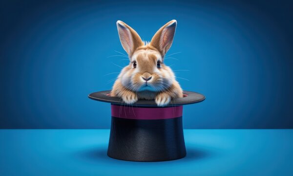 Adorable bunny popping out of a classic black top hat against a blue backdrop