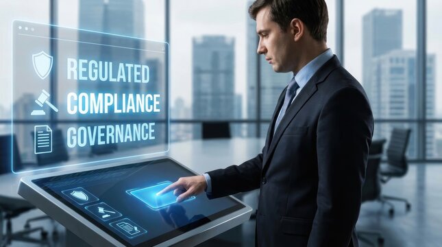 Businessman Managing Regulated Compliance and Corporate Governance on Futuristic Digital Interface Executive Risk and Control Concept Leadership under Regulation