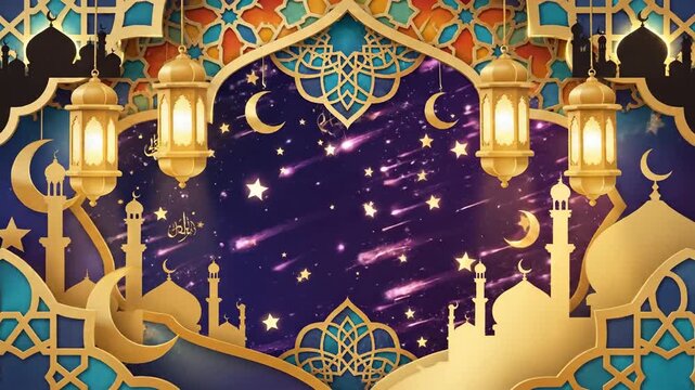 Elegant Islamic background frame featuring golden Ramadan lanterns, mosque silhouettes, crescent moons, and traditional arabesque patterns against a deep starry night sky, perfect for religious.