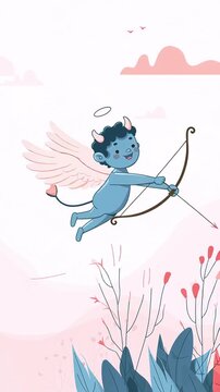 Valentine&rsquo;s Day illustration of lovely and cute cupid angel shooting an arrow. Romantic flyer with colorful details for social media post and website.