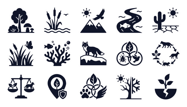 Nature and ecosystems icon set. Glyph black silhouettes - forest, river system, coral reef, biodiversity network, food chain. Flat vector pictograms