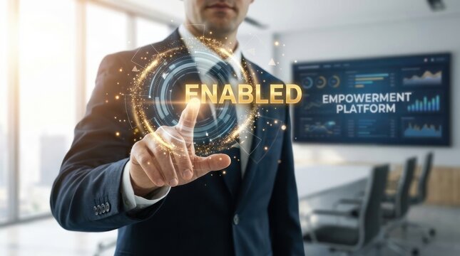Businessman Pointing at Glowing Digital Interface with Enabled Status in Modern Office Executive System Activation and Control Concept Power Granted Interface