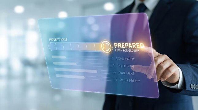 Professional Businessman Interacting with Virtual Maturity Scale Hologram Interface Executive Digital Transformation and Capability Assessment Concept
