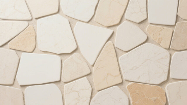 Natural stone mosaic wall with irregular beige and cream tiles, illuminated by soft sunlight casting gentle shadows and highlighting texture