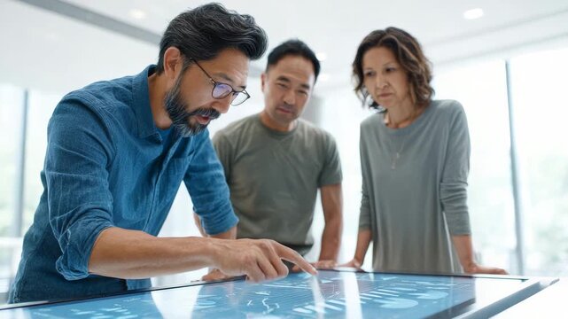 Professional business team working together around interactive touchscreen, collaborating on data analysis and strategic planning in contemporary corporate workspace