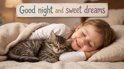 Cozy bedtime moment child and cat bedroom photography warm environment dreamy concept for sweet dreams sleep experience