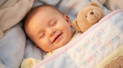 Joyful baby smiling in cozy blanket home nursery photography soft environment close-up view happiness and comfort concept