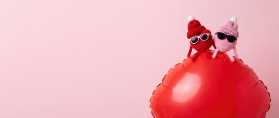 Playful love adventure with cute plush characters on a heart-shaped balloon studio setting fun and whimsical concept captivating colors eye-catching design for valentine's day celebrations