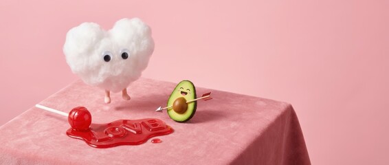Whimsical love-themed scene featuring a cloud and avocado on a pink table food art playful environment creative perspective heartfelt concept for social media engagement