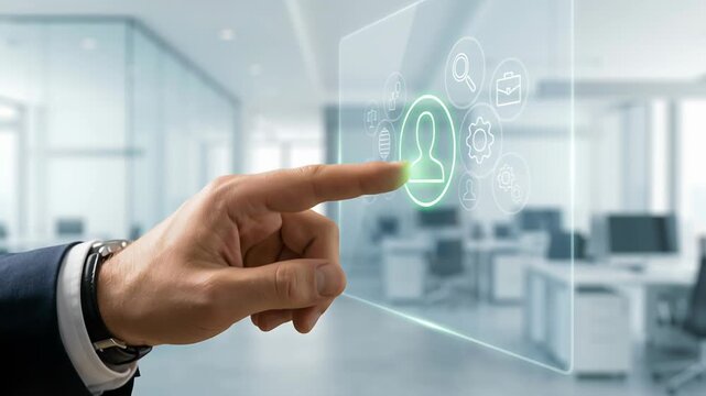 Business professional demonstrates leadership and teamwork using digital touchscreen interface to drive organizational change management strategy for learning and improvement office