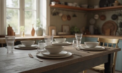 Fototapeta premium Rustic kitchen dining scene with tableware set on wooden table near window
